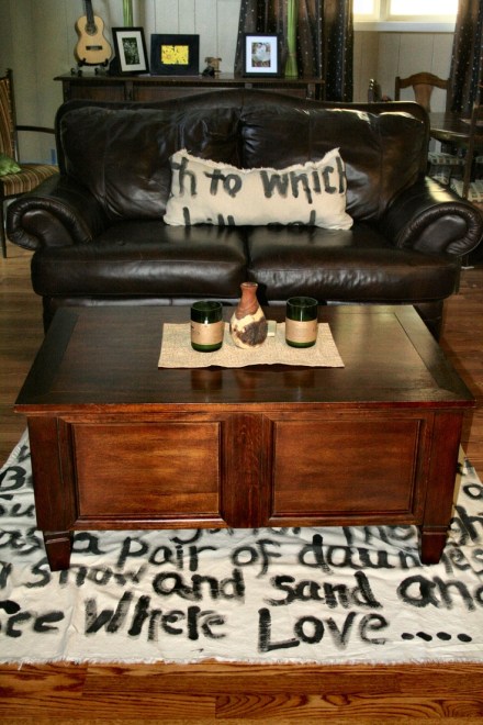 Vacation rental area rug: a painter's drop cloth you've added your favorite quote to! HowToConsign.org loves this!